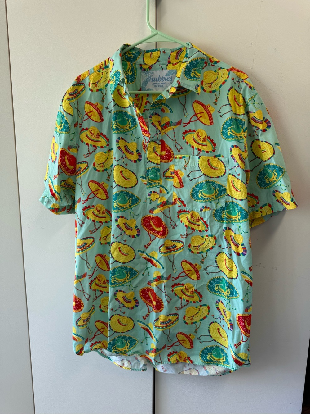chubbies Aqua Short-Sleeve half Button-Down with Yellow & Red Hat Print